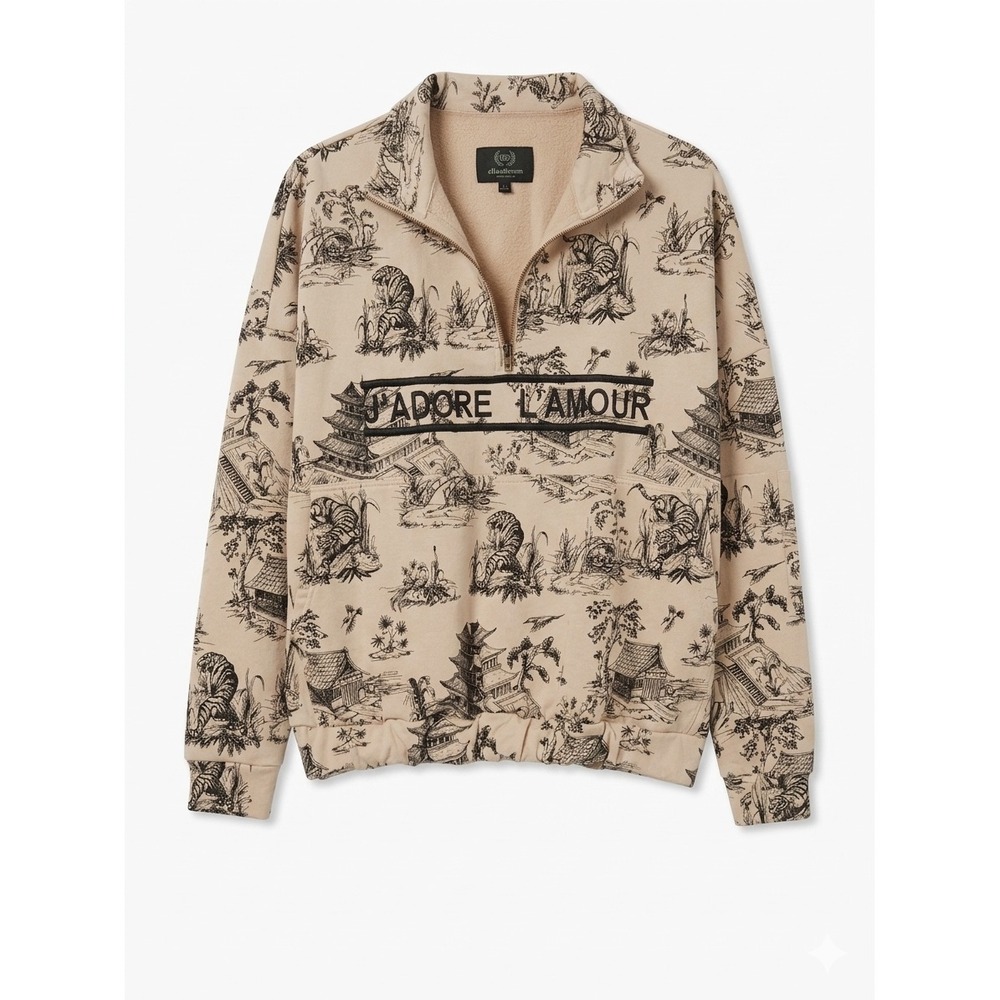Ellandemm J'Adore L'Amour Tiger Toile Quarter Zip Pullover Tan Black M/L